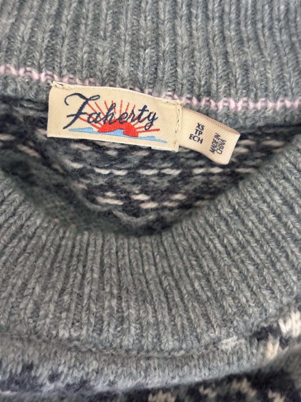 Faherty Grey Highland Fair Isle Wool Blend Sweater XS Cozy Winter - Picture 7 of 9